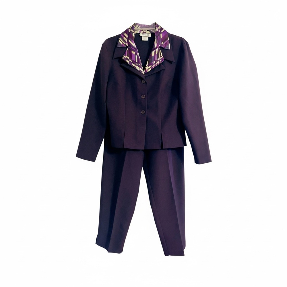 Vintage 90’s Lisa Jo Pant Suit 12 Purple Blazer Scarf Collar Pleated Trouser